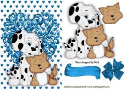 Cute Dalmation & Kitty in Love on Turq Heart