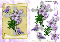 Easter Cross on a Scroll with Purple Lilies and Birds