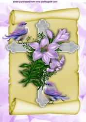 Easter Cross on a Scroll with Purple Lilies and Birds A4