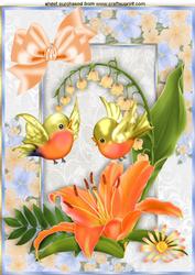 Peach Lilies with Little Birds in Flower Frame A4