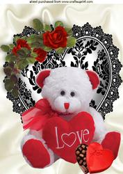 Cuddly Love Teddy Bear on Lace Heart A4