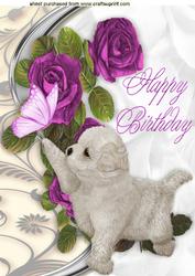 Cute White Puppy Reaching for Butterly in Pink Roses A4