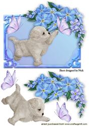 White Puppy with Butterflies & Lilac Flowers