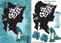 Silhouette of Vintage Lady and Modern Times with Rose