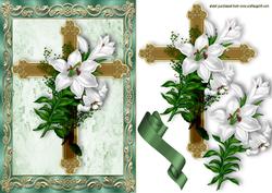 Gold Cross with White Lillies in Green Ornate Frame