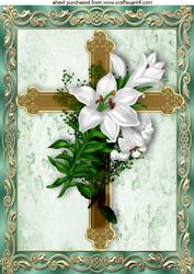 Gold Cross with White Lillies in Green Ornate Frame A4