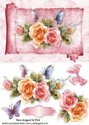 Beautiful Flowers with Butterflies on a Lace Scroll
