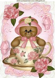 Little Teddy in Rose Teacup with Butterflies A4