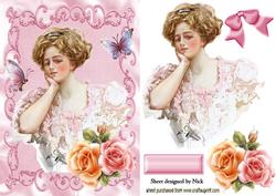 Elegant Lady with Peach/pink Roses and Butterflies
