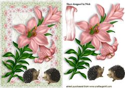 Pink Lillies with Hedgehogs in Floral Frame
