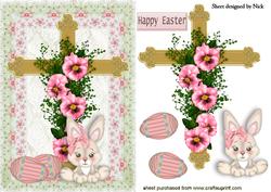 Easter Cross in Pink Floral Frame with Bunny