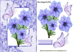 Pretty Blue Flowers in Floral Frame with Butterflies