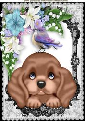 Little Puppy with Little Bird in Flower Frame A4