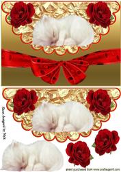 Kitten Sleeping on Scalloped Envelope with Red Roses
