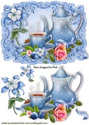 Time for Tea! with Pretty Rose and Cornflower Blue Flowers