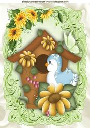 Litle Bird in Birdhouse with Sunflowers A4