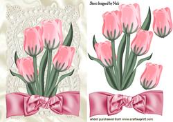 Pink Tulips on Vintage Lace with Bow