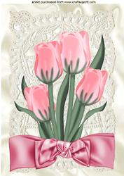Pink Tulips on Vintage Lace with Bow A4