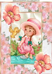 Little Girl Sitting by the Stream with Little Bird A4
