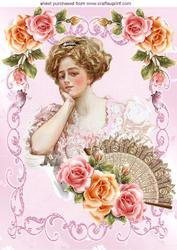 Vintage Lady with Peach/pink Roses with Fan A4