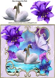 White Swans with Fantasy Flowers and Butterfly 8x8