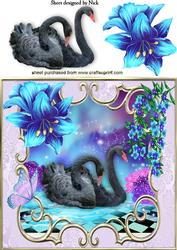 Black Swan with Fantasy Flowers and Butterfly 8x8