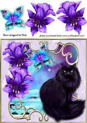 Persian Black Cat with Fantasy Butterfly and Flowers 8x8