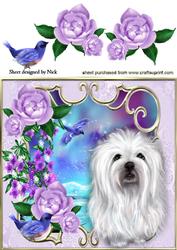 Little White Dog with Lilac Roses & Blue Birds 8x8