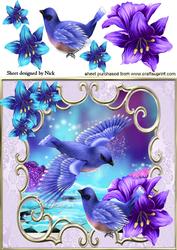 Pretty Blue Birds with Fantasy Flowers 8x8