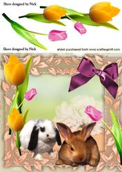 Cute Bunnies with Pretty Tulips 8x8