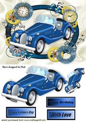 Blue Vintage Car in Steampunk Frame with Clocks