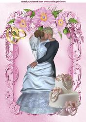 Wedding Cake with Kissing Wedding Couple and Flowers A4