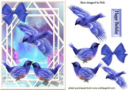 Blue Birds Flying in Fantasy Window Scene