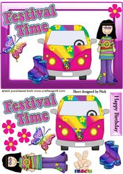 Hippie Girl with Campervan and Flower Power