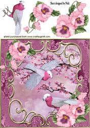 Exotic Birds with Pink Blossoms and Pansies 8x8