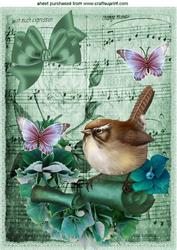 Little Bird on Old Scroll with Music and Flowers A4