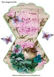 Little Bird on Rose and Music Scroll Scalloped Rocker Card