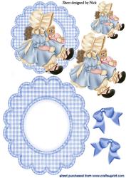 Cute Bonnet Girl in Blue Gingham Scalloped Rocker with Bows