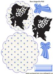 Vintage Sillouette Lady with Blue Flowered Scalloped Rocker