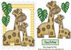 Wooden Giraffe and Baby with Leaves in Scalloped Frame