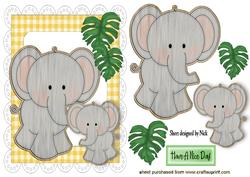 Wooden Elephant with Baby, Leaves in Scalloped Frame