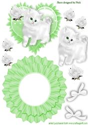 White Fluffy Kitten with Green Eyes White Rose Rocker Card