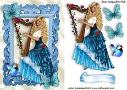 Vintage Lady with Harp and Flowers
