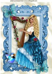 Vintage Girl with Harp of Roses with Butterflies A4