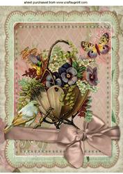 Vintage Basket of Flowers, with Little Bird and Bow A4