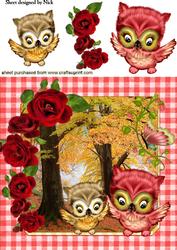 Playful Owls in the Woodlands with Red Roses 8x8