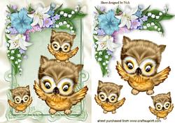 Family of Owls Playing, in Floral Frame