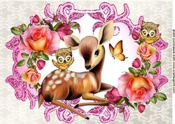 Cute Little Deer in Frame of Roses with Owls A4