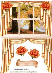 Autumn Window Scene with Drapes and Roses
