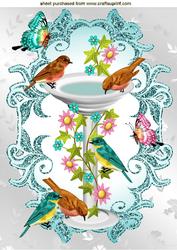 Spring is Here! Birds on a Birdbath with Butterflies A4